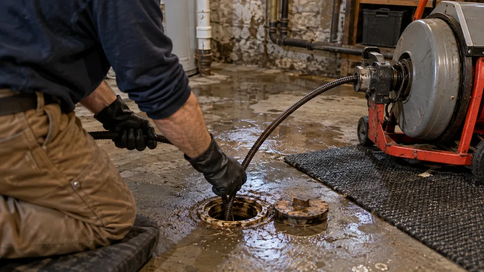 Drain cleaning Troy NY plumber running a drain machine at a basement cleanout