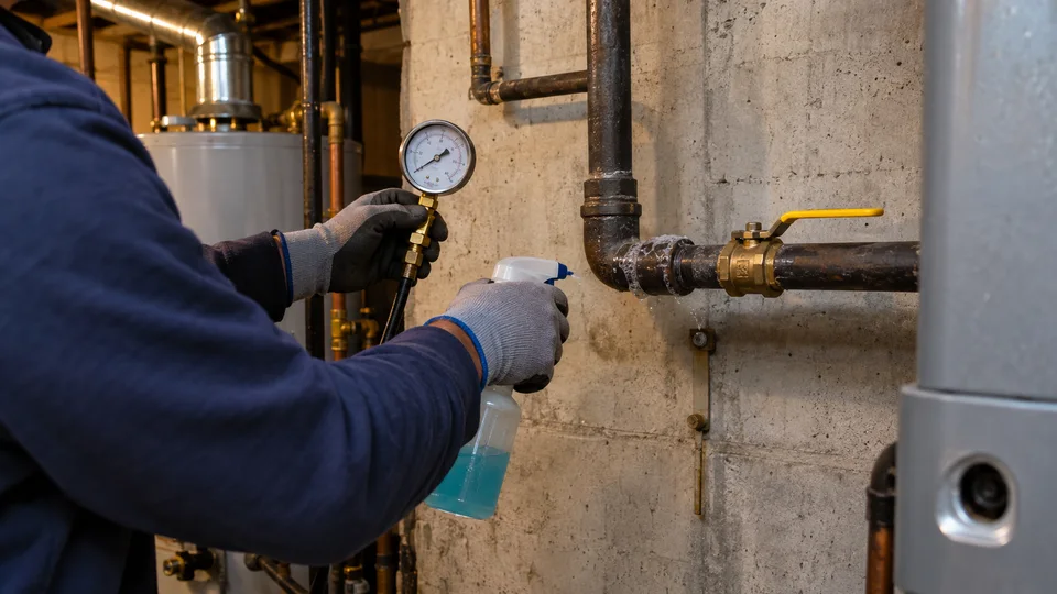 Gas line plumber Troy NY pressure testing a black iron gas line in a basement