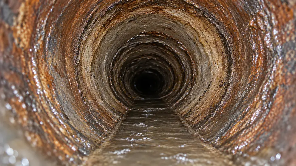 Same sewer pipe after hydro jetting with buildup removed and the flow channel restored