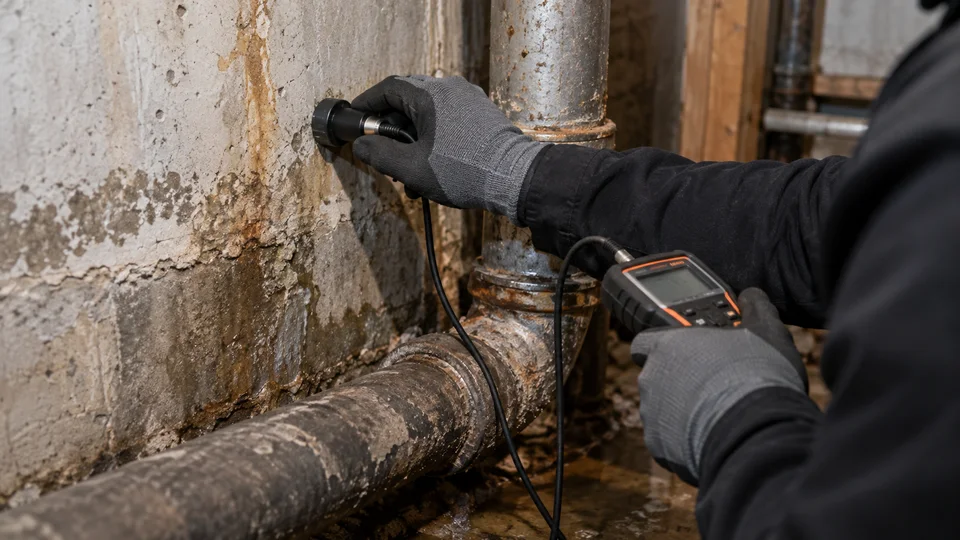 Leak detection Troy NY plumber holding a moisture meter against a stained ceiling