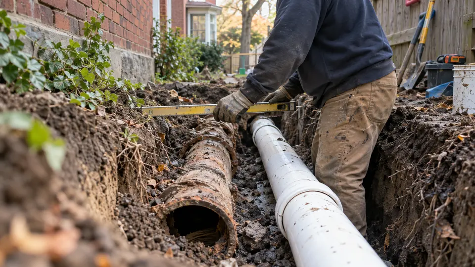 Sewer line plumber Troy NY at an open trench with an old clay sewer lateral in a front yard